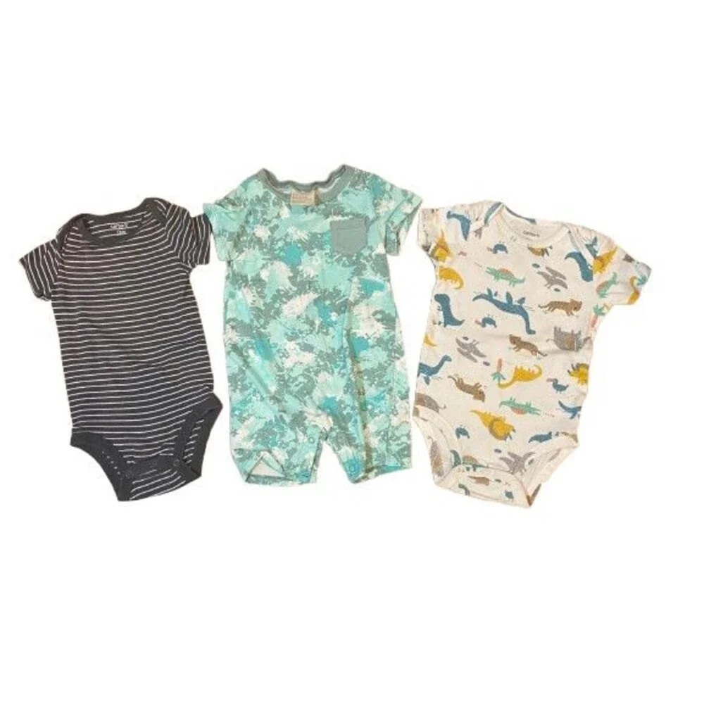 Lot of 3 Boy's 12 Month Bodysuits One Piece Short Sleeves Cotton